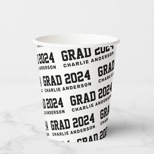 Afstudeerder jaar 2024 afstuderen naam zwart wit papieren bekers (Voorkant)