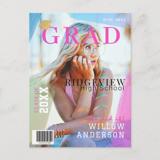 Afstudeerder Magazine Neon roze foto Afstuderen Aankondigingskaart (Voorkant)