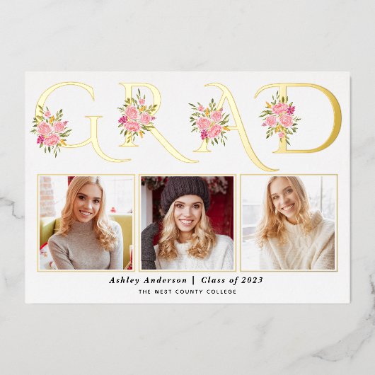 Afstudeerder met goudfolie rozen Foto afstuderen a Folie Uitnodiging (Voorkant)