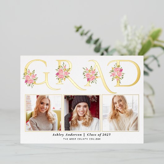 Afstudeerder met goudfolie rozen Foto afstuderen a Folie Uitnodiging (Staand Voorkant)