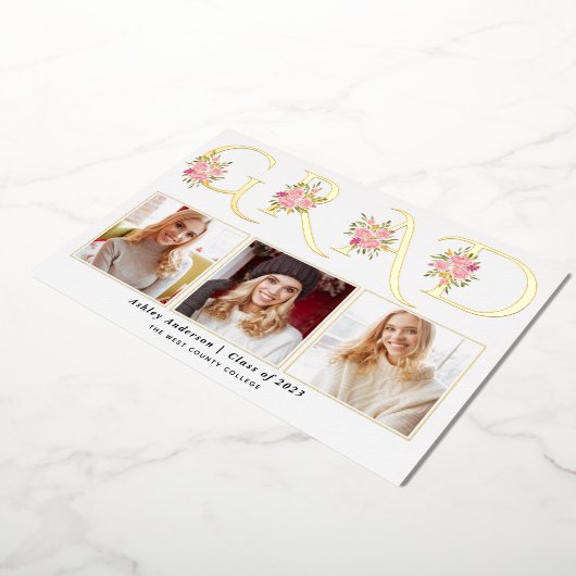 Afstudeerder met goudfolie rozen Foto afstuderen a Folie Uitnodiging (Gedraaid)