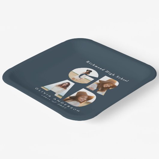 Afstudeerder met meerdere foto's modern blauw eleg papieren bordje (Gebogen)