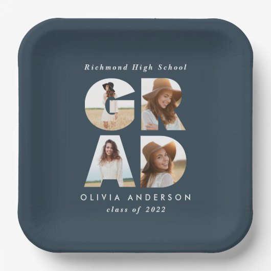 Afstudeerder met meerdere foto's modern blauw eleg papieren bordje (Voorkant)