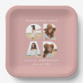 Afstudeerder met meerdere foto's roze, modern eleg papieren bordje (Voorkant)