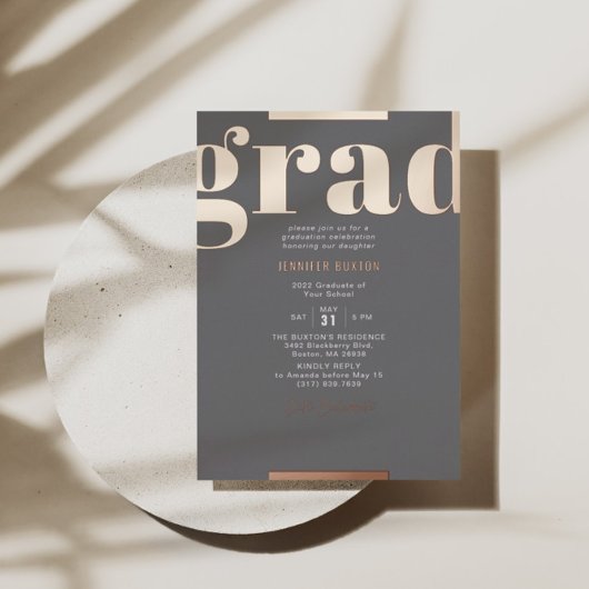 Afstudeerder Modern Bold Graduation Party Grey Roo Folie Uitnodiging