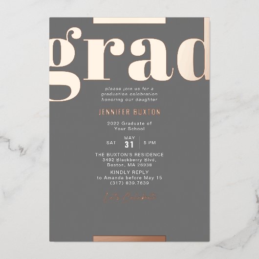Afstudeerder Modern Bold Graduation Party Grey Roo Folie Uitnodiging (Voorkant)
