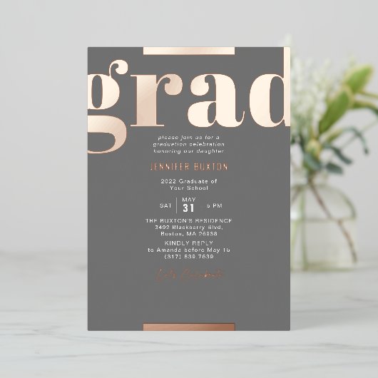 Afstudeerder Modern Bold Graduation Party Grey Roo Folie Uitnodiging (Staand Voorkant)