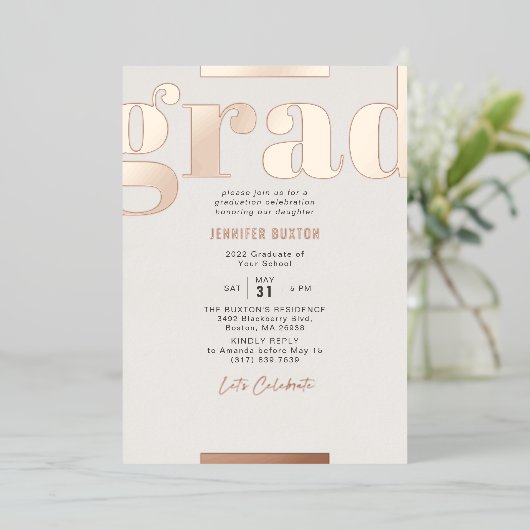 Afstudeerder Modern Bold Graduparty Roos Gold Folie Uitnodiging (Staand Voorkant)