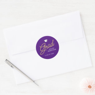 Afstudeerder Modern Script Paarse en Gouden Afstud Ronde Sticker