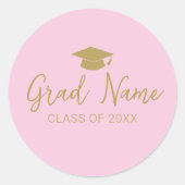 Afstudeerder Name Script met Graduation Cap - Roze Ronde Sticker (Voorkant)