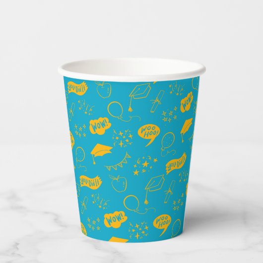 Afstudeerder Party Doodle Icon Pattern Blauw Geel Papieren Bekers (Achterkant)