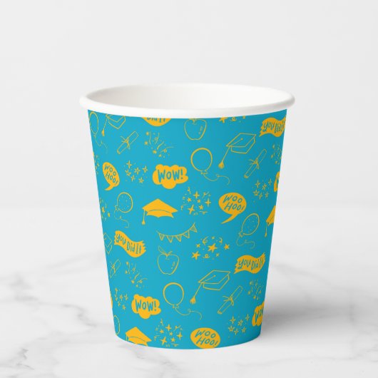 Afstudeerder Party Doodle Icon Pattern Blauw Geel Papieren Bekers (Voorkant)