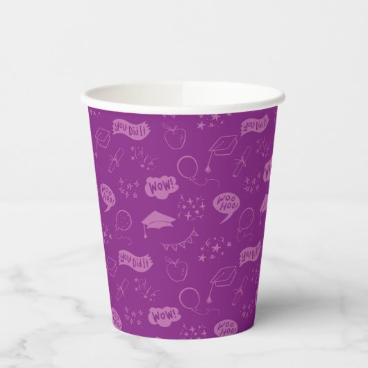 Afstudeerder Party Doodle Icon Pattern Paarse Papieren Bekers (Links)