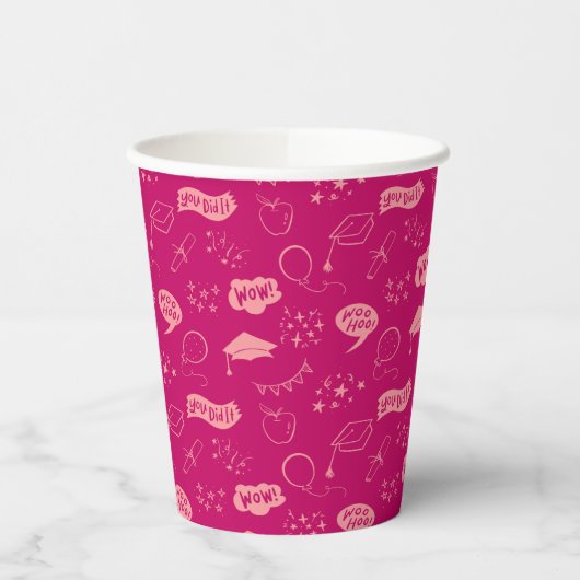 Afstudeerder Party Doodle Icon Pattern Pink Papieren Bekers (Links)