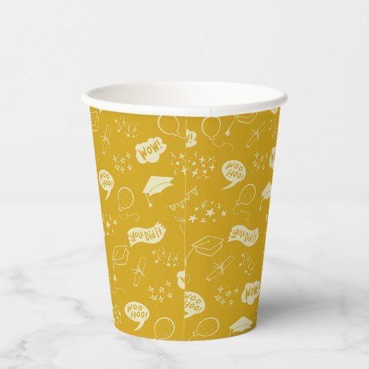 Afstudeerder Party Doodle Icon Pattern Yellow Papieren Bekers (Rechts)