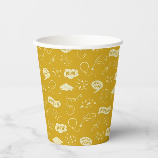 Afstudeerder Party Doodle Icon Pattern Yellow Papieren Bekers (Voorkant)