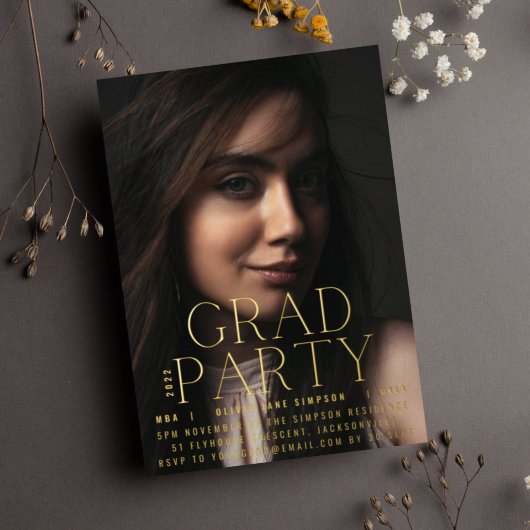 AFSTUDEERDER PARTY | Gold Ppress Script Modern Col Folie Uitnodiging