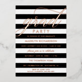 Afstudeerder Party Modern Black Stripes Roos Gold  Folie Uitnodiging (Voorkant)
