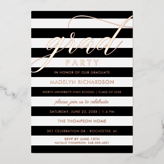 Afstudeerder Party Modern Black Stripes Roos Gold  Folie Uitnodiging (Voorkant)