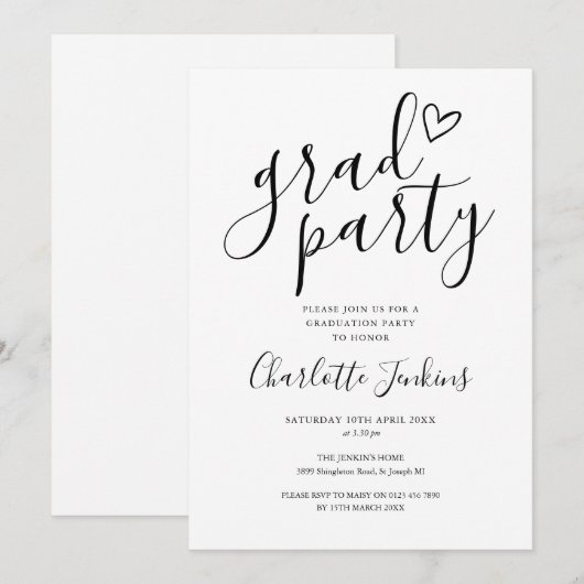 Afstudeerder Party Script Heart Graduation Party Kaart (Voorkant / Achterkant)