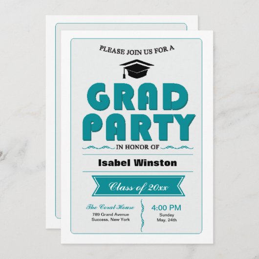 Afstudeerder Party White Invitation Kaart (Voorkant / Achterkant)