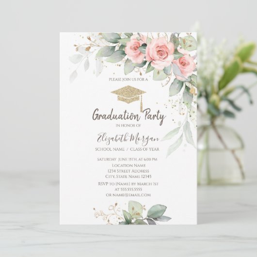 Afstudeerder Pet, Blush Flowers Afstuderen Kaart (Staand voorkant)