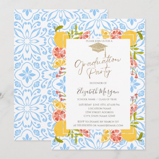 Afstudeerder Pet, Citrus Mediterraan Blauw Afstude Kaart (Voorkant / Achterkant)