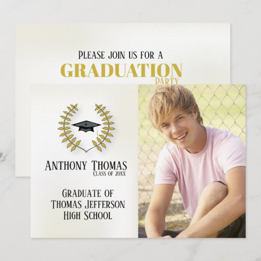 Afstudeerder Pet en bladeren Foto-uitnodiging Kaart (Voorkant / Achterkant)