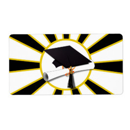 Afstudeerder Pet en diplomaat met schoolkleuren zw Etiket