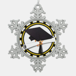 Afstudeerder Pet en diplomaat met schoolkleuren zw Tin Sneeuwvlok Ornament