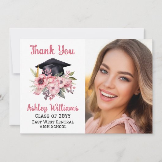 Afstudeerder Pet en Roze Bloemen 3 Foto Afstuderen Bedankkaart (Voorkant)
