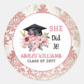 Afstudeerder Pet en Roze Bloemen Ze deed het Ronde Sticker (Voorkant)