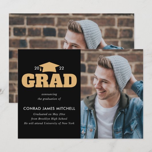 AFSTUDEERDER Pet jaar Afstuderen zwart Gold Photo Aankondiging (Voorkant / Achterkant)