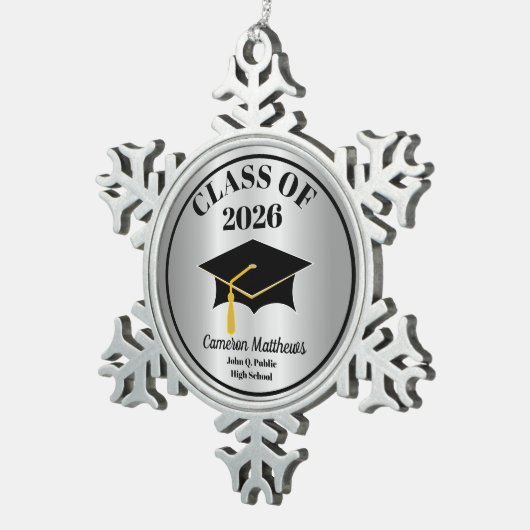 Afstudeerder Pet Klasse van 2026 Silver Name Afstu Tin Sneeuwvlok Ornament (Rechts)