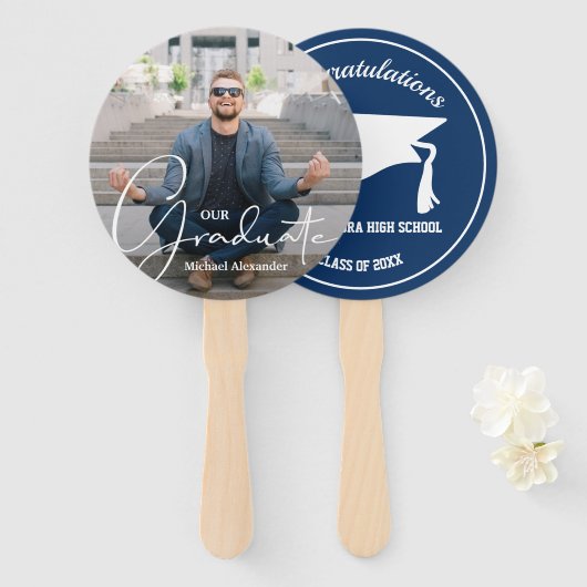 Afstudeerder Pet Modern Afstuderen Foto Blauw Handwaaier (Voorkant en achterkant)