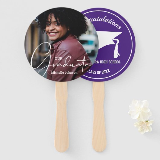 Afstudeerder Pet Modern Afstuderen Foto Paarse Han Handwaaier (Voorkant en achterkant)