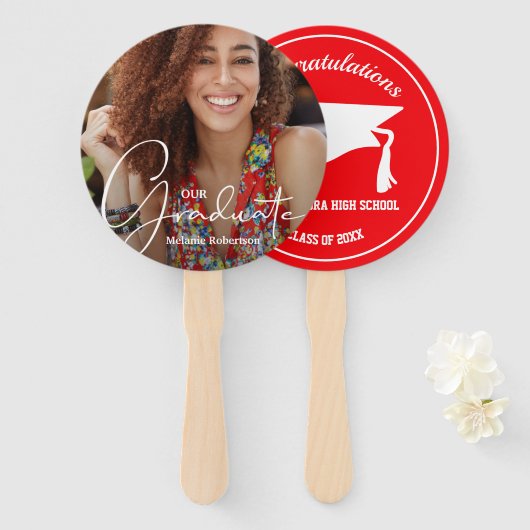 Afstudeerder Pet Modern Afstuderen Foto Rode Hand  Handwaaier (Voorkant en achterkant)