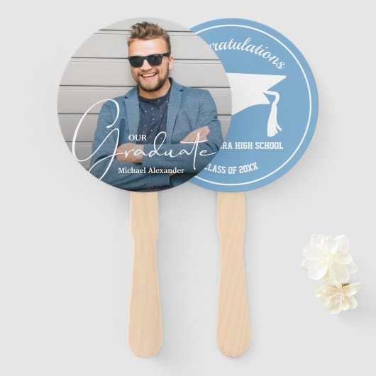 Afstudeerder Pet Modern Afstuderen Fotopoeder Blau Handwaaier (Voorkant en achterkant)