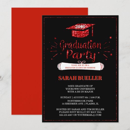 Afstudeerder Pet Red Glitter 2018 Graduation Party Kaart (Voorkant / Achterkant)