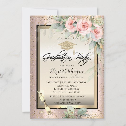 Afstudeerder Pet, Wijnglas, Bloemen Roos Goud Afst Kaart (Voorkant)