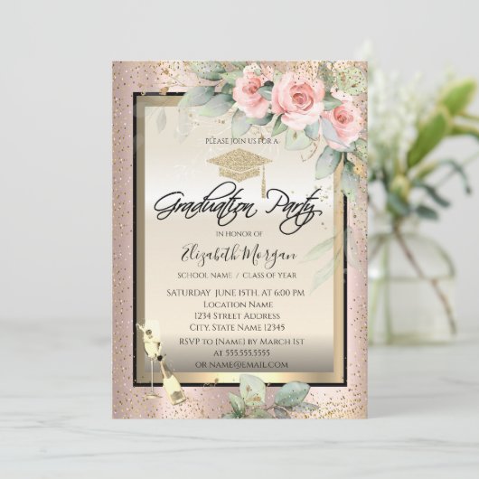 Afstudeerder Pet, Wijnglas, Bloemen Roos Goud Afst Kaart (Staand voorkant)