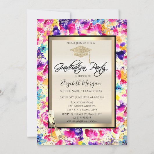 Afstudeerder Pet, Wijnglas, Confetti Bloemen Afstu Kaart (Voorkant)