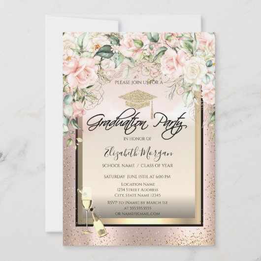 Afstudeerder Pet, Wijnglas, Confetti Rozen Afstude Kaart (Voorkant)