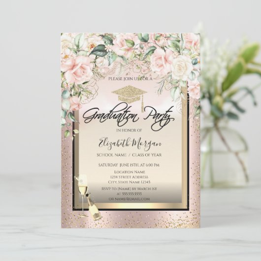 Afstudeerder Pet, Wijnglas, Confetti Rozen Afstude Kaart (Staand voorkant)