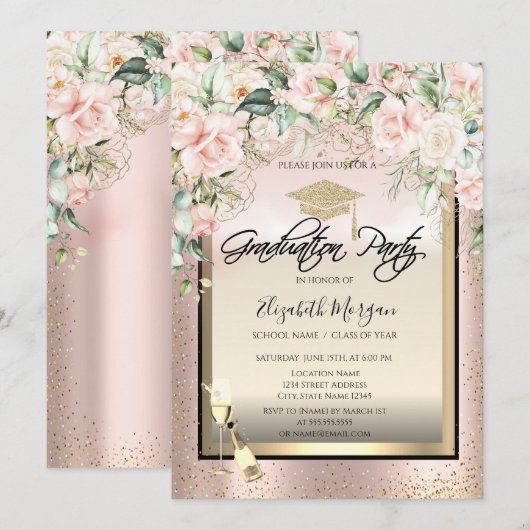 Afstudeerder Pet, Wijnglas, Confetti Rozen Afstude Kaart (Voorkant / Achterkant)