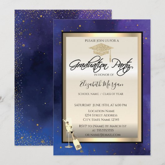 Afstudeerder Pet, wijnglas, sterren Navy Blue Afst Kaart (Voorkant / Achterkant)