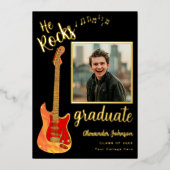 Afstudeerder Photo Music Graduation Party Zwart en Folie Uitnodiging (Voorkant)