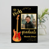Afstudeerder Photo Music Graduation Party Zwart en Folie Uitnodiging (Staand Voorkant)