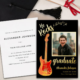 Afstudeerder Photo Music Graduation Party Zwart en Folie Uitnodiging