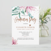 Afstudeerder Roze Bloemen Koper Glitter Afstudeerf Kaart (Staand voorkant)